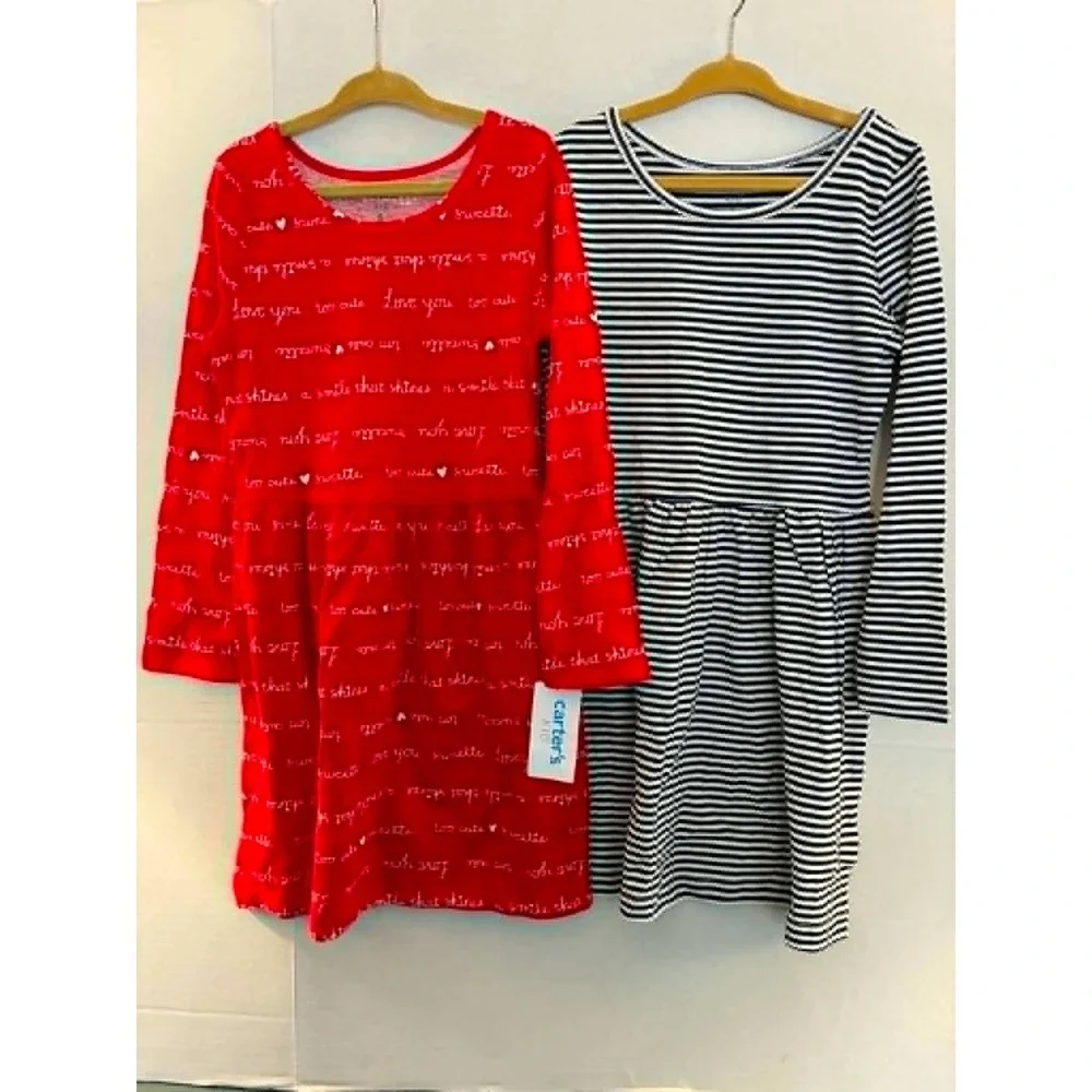 Carter's Kid 2-Pack Long Sleeve Dresses Girls Size 5 Red Hearts Navy Stripe NEW